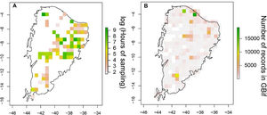 A) Spatial distribution of the sampling effort in hours for inventories of bird communities in the Caatinga on a logarithmic scale. B) Spatial distribution of bird records in GBIF data.