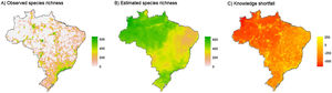 Spatial data and results of regression-kriging applied to birds in Brazil.