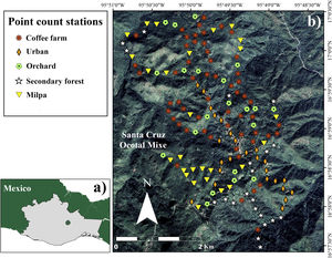 Study landscape. a) Location of the study area highlighted in Oaxaca (dark gray), southern Mexico (16°58