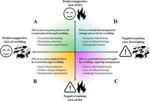 Thematic framework describing the four main ways in which the role of fire in rewilding is conceptualised within the indexed, peer-reviewed literature. Discourses A to D are represented in each quarter, which includes some of the main themes, concepts and ideas associated with them.