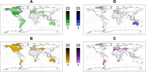 Geographical distribution of peer-reviewed sources dealing with discourses A to D. These maps include sources with well-defined national context(s), either focusing on one or multiple case study locations or covering one or more specified nations. Country shading indicates number of sources, and white indicates no identified sources so far. Please note sources making reference to broader geographical contexts – focusing on regional, biome or global settings – are not represented within these maps to allow for consistent mapping. Representing geographical locations in the country-level also allows for a more adequate and concise representation of trends in socioecological factors and research efforts.