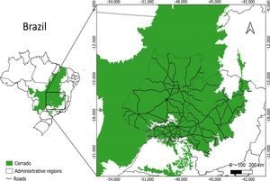 Left: The area covered by the Cerrado biome in Brazil (in green). Right: The network of paved roads (black lines) in the Cerrado region of Minas Gerais, Goiás, and the Federal District.