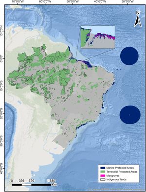 Brazil’s main marine protected areas, mangroves, and Indigenous territories. Large offshore Marine Protected Areas in Brazil’s Extended Economic Exclusive Zone are concentrated around the São Pedro and São Paulo Archipelago and the Vitória–Trindade seamount chain. A zoomed-in view of the Gulf of Maranhão region, between the states of Pará and Maranhão, highlights the spatial dynamics among marine protected areas, terrestrial protected areas, and mangroves Data sources: The World Database on Protected Areas (WDPA), Global Mangrove Watch Version 3.0, Fundação Nacional do Índio (Funai).