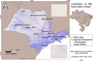 Sao Paulo State (Brazil), its main cities, and riparian Permanent Preservation Areas (PPA).