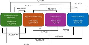 Land use and coverage transitions (in hectares) in riparian Permanent Preservation Areas in the state of Sao Paulo, Brazil, between 1985 and 2022.