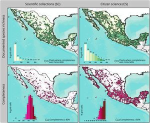 Survey completeness in scientific collections (left panel) and citizen science (right panel). Darker colors indicate higher documented species richness (top row) and greater inventory completeness (bottom row). The top row maps show spatial units where species richness could be measured. The bottom row shows inventory completeness, with polygons outlining well-sampled grid cells (completeness ≥80%). Bar charts within each map summarize the proportion of grid cells by species richness and completeness categories for each dataset.