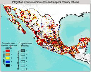 Integration of survey completeness and temporal recency patterns. Temporal recency is derived from scientific collections. Grid cells are classified into six categories based on the combination of survey completeness (well-, moderately-, or poorly-sampled) and record recency (recent vs. outdated). Categories correspond to: (1) well-sampled with outdated records, (2) well-sampled with recent records, (3) moderately-sampled with outdated records, (4) moderately-sampled with recent records, (5) poorly-sampled with outdated records, and (6) poorly-sampled with recent records. Hashed and outlined cells represent scientific collection completeness × scientific collection recency, whereas colored cells represent citizen science completeness integrated with scientific collection recency, allowing direct comparison between data sources. Grid cell resolution is 15 arc-minutes.