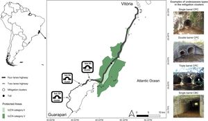 Location of highway attributes (toll, lane number, and mitigation clusters) and protected areas along the ES-060 highway, including examples of the underpasses. CPC means “concrete pipe culvert” and CBC means “concrete box culvert”.