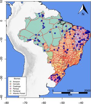 Distribution of 314 independent events (blue dots) of hunting seizures performed by the PRF throughout Brazil during the last seven years (2017-2024). Red lines represent the federal highway network patrolled by the PRF.