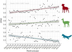 Variation in feral dog, chilla fox and guanaco records per month, adjusted by effort. Colour lines show the fitted regression with their significance.