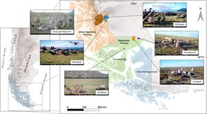 Geographic location of the study area in the Magallanes District, southern Chile. Each polygon on the map represents the extent of the national parks and livestock ranches where camera traps were deployed. Each photograph illustrates one sampling site.