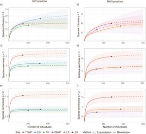 Rarefaction and extrapolation curves of alpha diversity across sampling sites in the two provinces, based on Hill numbers. Panels show diversity patterns for ULT and MAG provinces. The x-axis represents the cumulative number of individuals detected at carcasses (individual-based rarefaction) and the y-axis shows the effective number of species for three diversity orders: q = 0 (species richness, panels a and b), q = 1 (species evenness, panels c and d), and q = 2 (species dominance, panels e and f). Solid lines represent rarefaction (interpolation) based on observed data, and dashed lines represent extrapolation beyond the observed sample size. Within each plot, each line represents a sampling site, illustrating how diversity accumulates with sampling effort.