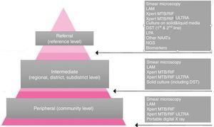 The three tiers of the network of TB laboratories and the responsibilities and the tests offered at each level.