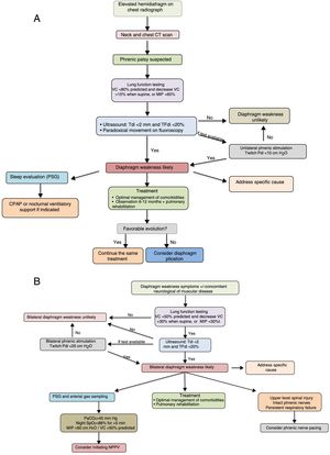 Suggestions for diagnostic and therapeutic algorithms in unilateral (A) and bilateral (B) diaphragmatic paralysis (modified from Dubé and Dres12). CPAP, continuous positive pressure in the airway; CT, computed tomography; GSA, arterial blood gases; MIP, maximum inspiratory pressure; NIV, non-invasive ventilation; Pdi, transdiaphragmatic pressure; NPSG, nocturnal polysomnography; SaO2, arterial oxygen saturation; TFdi, fraction of thickening of the diaphragm; VC, vital capacity.