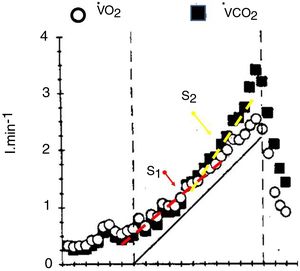 Showing the profiles of VO2 and VCO2 along an incremental exercise test and the S1 and S2 slopes.