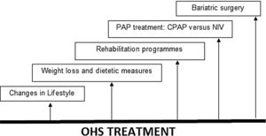 Treatment in OHS. OHS must be treated multidisciplinary, including lifestyle changes, dietetic measures and weight loss, rehabilitation programmes, PAP treatment (CPAP or NIV) and bariatric surgery (especially for younger patients). Abbreviations: CPAP: continuous positive airway pressure; NIV: noninvasive ventilation; PAP: positive airway pressure; OHS: obesity hypoventilation syndrome. Authors: Victor R. Ramírez Molina; Juan F. Masa Jiménez.