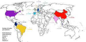 World map of studies with predictive equations for respiratory muscle strength and range of coefficients of determination. Numbers above range of coefficients represent the number of studies.