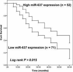 Kaplan-Meier curve of patients based on the expression of miR-637 in NSCLC tissues.