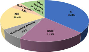 Pie chart displaying the proportions of different genotype groups in the cohort of 38 adult Greek patients with AATD homozygous or compound heterozygous for pathogenic variants.
