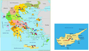 Distribution of the 38 patients depicted as stars of different colors in their area of origin on the map of Greece and Cyprus. Blue stars correspond to PI*ZZ patients, red stars to any combination homozygous or compound heterozygous including PI*Q0 or/and rare-deficient variants and green stars correspond to the combination of PI* Z with any PI*Q0 or rare-deficient variant.