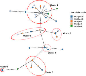Network of 35 Mycobacterium tuberculosis (MTB) isolates. Phylogeny of MTB isolates was determined based on a core single nucleotide polymorphisms (SNP) approach. Each node corresponds to a single or multiple isolates (i.e., nodes with slices). Nodes are coloured by year of strain isolation and genetic clusters of closely related isolates were defined whenever the strains had less than six SNP difference and are highlighted in red circles. Clades representing determined lineages from the global M. tuberculosis tree are indicated [cluster_1: lineage4.3.4.2 (100.0%, n = 12); cluster_2: lineage4.3.2 (100.0%, n = 4); cluster_3: lineage4.3.2 (100.0%, n = 3); cluster_4: lineage4.1.2.1 (100.0%, n = 2); cluster_5: lineage4.1.1.1 (100.0%, n = 4); cluster_6: lineage4.1.1.3 (100.0%, n = 2)].