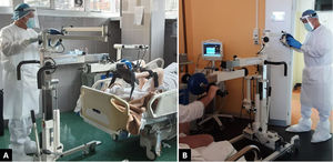 Exercise with the patient lying in a supine position (A); exercise in a sitting position with the cycle ergometer positioned laterally to the bed (B), distancing between patient and physiotherapist is possible during the exercise session (A and B).