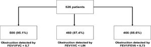 Distribution of patients with obstructive ventilatory defect by different diagnosis parameters.
