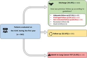 Issued recommendations. Recommendations issued during the first year of operation of the VLNC. Figure abbreviations: VLNC: virtual lung nodule clinic; FDT: fast diagnostic track.