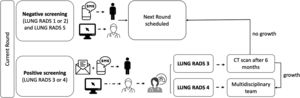 Flowchart illustrating the information and the patient pathway according to the LUNG-RADS classification of lung cancer screening (This image is original and was generated by an author of the manuscript). CT – computed tomography.