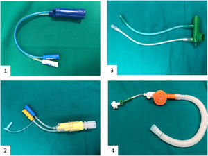 1: DEVICE-1, EasyVent [Dimar. Medolla. Modena. Italy]; 2: DEVICE-2, Ventuplus [StarMed. Mirandola. Modena. Italy]; 3: DEVICE-3, Compact-HAR [Harol S.r.l. San Donato Milanese. Milan. Italy]; 4: DEVICE-4, O2-Max (Pulmodyne. Indianapolis. USA). Photographs taken by the authors with permission of the manufacturers.