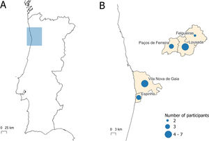 Spatial distribution of patients included in the study in Portuguese territory (A) and according to their municipalities (B).