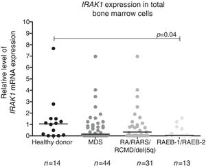 Reduced IRAK1 levels in RAEB-1/RAEB-2 myelodysplastic syndromes (MDS). IRAK1 mRNA expression by quantitative polymerase chain reaction analysis in total bone marrow cells from healthy donors and patients with a diagnosis of MDS (all patients), refractory anemia (RA)/refractory anemia with ring sideroblasts (RARS)/refractory cytopenia with multilineage dysplasia (RCMD)/del(5q) MDS and refractory anemia with excess blasts (RAEB)-1/RAEB-2 MDS according to WHO 2008 classification. The HPRT1 gene was used as the reference gene and a healthy donor was used as a calibrator sample. Horizontal lines indicate medians. IRAK1 expression is significantly reduced in RAEB-1/RAEB-2 MDS patients when compared to healthy donors, as indicated (p-value=0.04).