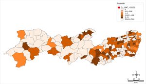 The incidence rate of 387 CML cases per 100,000 inhabitants in 185 counties of the State of Pernambuco diagnosed at the Hemope Foundation between January 2004 and December 2015.
