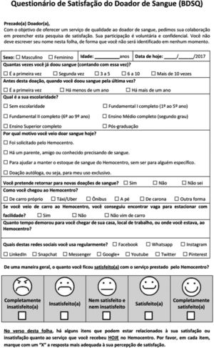 The blood donor satisfaction questionnaire (BDSQ) in Brazilian Portuguese (front).