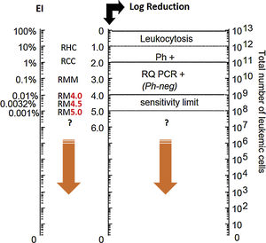 Leukemic load (BCR-ABL ratio)/baseline log reduction ratio. Adapted from: Luu at al. (2013).9 Ph+: Philadelphia chromosome; RQ PCR+: real time PCR; RHC: complete hematologic response; RCC: complete cytogenetic response; RM: molecular response; RMM: major molecular response.