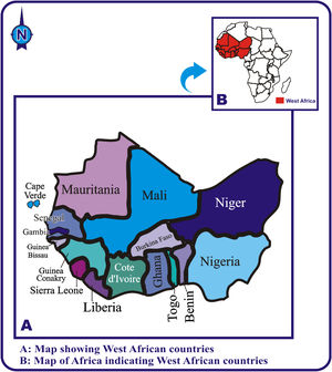 Map of West Africa showing the studied countries and the location in Africa (Map is original from the authors).