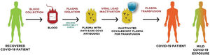 Plasma Therapy Procedure for COVID-19 Treatment: The blood of a recovered COVID-19 patient is collected and convalescent plasma is recovered by apheresis. The colleted plasma undergoes an ABO/RHD compatibility check and a viral load inactivation before being processed for transfusion into a COVID-19 patient with severe/mild disease conditions. Adapted from Casadevall et al.40. (For interpretation of the references to colour in this figure legend, the reader is referred to the web version of this article.)