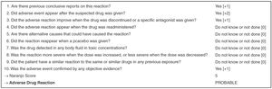 Naranjo algorithm — estimating the probability of adverse drug reactions. Reference: https://ascpt.onlinelibrary.wiley.com/doi/abs/10.1038/clpt.1981.154?sid=nlm%3Apubmed.
