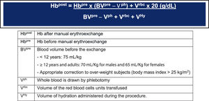 Formula to calculate the Hb g/dL after the manual erythroexchange. Adapted from Gianesin B, 2020.25(B)