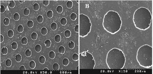 SEM image of microcavity structure with × 50 (A) and × 150 (B) magnification. Cavities are sized at 50µm.