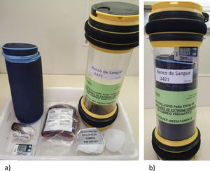 Pneumatic tube system preparation. a) Items used in the assembly of the transport capsule for refrigerated blood components: transport capsule, thermal bag, hygro-thermometer, two reusable ice packs and the blood component inserted in a zip lock plastic bag. Two reusable ice packs are inserted into the thermal bag, one at each end of the bag and then the plastic bag with the blood component is placed together with the hygro-thermometer (display positioned outside of the thermal bag). The thermal bag is closed and inserted into the transport capsule. b) Transport capsule ready for pneumatic tube system dispatch.