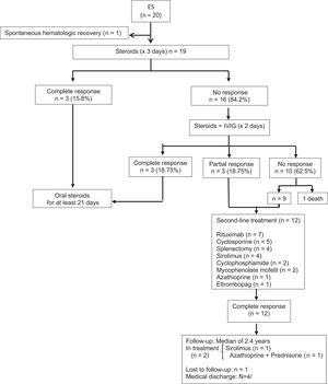 Management and outcome of pediatric patients with Evans syndrome (ES). IVIg, intravenous immunoglobulin.