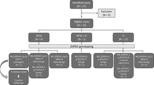 Schematic representation of the study design and main findings. From 2015 to 2018, 27 non-tuberculous mycobacteria (NTM) and fungal infection (FI) cases were identified, five were excluded, as they declined to participate, leaving 22 eligible cases. From these, four were NTM, 17 were FI and one case presented both infections. The GATA2 genotyping was performed in all cases and four variants were identified. The NG_029334.1:g.16287C>T, a pathogenic variant, was detected in 1 NTM case and two relatives (out of nine relatives tested). The likely-benign variant NG_029334.1:g.12080G>A (rs2335052) was identified in 2 NTM cases, one of which also carried the benign variant NG_029334.1:g.16225C>T (rs11708606) and in 2 FI cases. The benign variant NG_029334.1:g.16225C>T (rs11708606) was detected in the simultaneous NTM and FI case and in 4 FI cases, one of which also carried the variant of uncertain significance NG_029334.1:g.16201G>A (rs369850507).