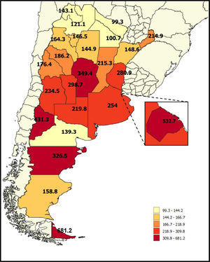 Age and sex standardized HSCT rate in 2018 according to the state of residence of the recipient. Argentina. 2018. Graphic performed by QGIS 3.10.2.
