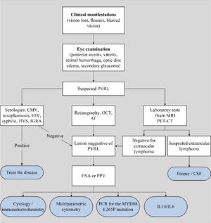 IOL diagnostic algorithm. (PVRL: primary vitreoretinal lymphoma; OCT: optical coherence tomography; FA: fluorescein angiography; MRI: magnetic resonance imaging; PET-CT: positron emission tomography; CMV: cytomegalovirus; HIV: human immunodeficiency virus; HVS: herpes simplex virus; IGRA: interferon-gamma release assay; CSF: cerebrospinal fluid; FNA: fine needle aspiration; PPV: pars plana vitrectomy; PCR: polymerase chain reaction; IL: interleukin).