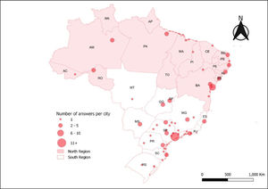 Brazilian federative units and number of answers per city.