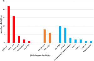 Frequency of 14 different types of β-thal causative variants in 87 children with hemoglobinopathy S/beta-thalassemia. In two children, sequencing did not disclose any mutation. In red, S/beta0-thalassemia; in orange, severe S/beta+-thalassemia; in blue, intermediate or mild S/beta+-thalassemia.
