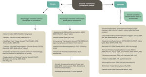 Classification and categorization of the massive transfusion score. SBP: Systolic blood pressure; RR: Respiratory rate HR: heart rate; Hb: hemoglobin; FAST: focused assessment for the sonography of trauma; BD = Base deficit; GCS = Glasgow Coma Scale; INR: international normalized ratio; ISS: Injury Severity Score. Adapted from El-Menyar et al. (2019)16