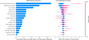 SHAP analysis of the test set using the XGBoost model. Each circular dot represents one patient. Features are listed on the y-axis in rank order with the uppermost being the highest contributor to the prediction model and the lowermost being the lowest contributor. The x-axis shows the range of SHAP values, a value of zero represents no contribution. Transfusion risk is encoded by its horizontal coordinates, where positive values indicate higher transfusion risks and negative values indicate lower transfusion risks.