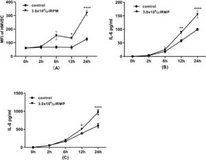 Flow cytometric analysis of human pulmonary microvascular endothelial cells (HMVECs) during 24 h of incubation. (A) ICAM-1 expression on HMVECs (n = 3). After the incubation of endothelial cells with microparticles (MPs) for 2, 6, 12 or 24 h, the cells were detached and labeled with mouse anti-human CD54 before flow cytometric analysis. Interleukin-6 (IL-6) (B) and interleukin-8 (IL-8) (C) released from HMVECs (n = 3). After incubation of HMVECs with MPs for 2, 6, 12 or 24 h, the medium was collected, centrifuged at 12,000 × g for five minutes to remove dead cells or debris. The levels of IL-6 and IL-8 were simultaneously determined using a human cytokine cytometric bead array (CBA Kit, BD Pharmingen) according to the instructions provided by the manufacturer. * p-value <0.05,**p-value<0.01,***p-value<0.001,****p-value<0.0001; compared with the contol group at same time point.
